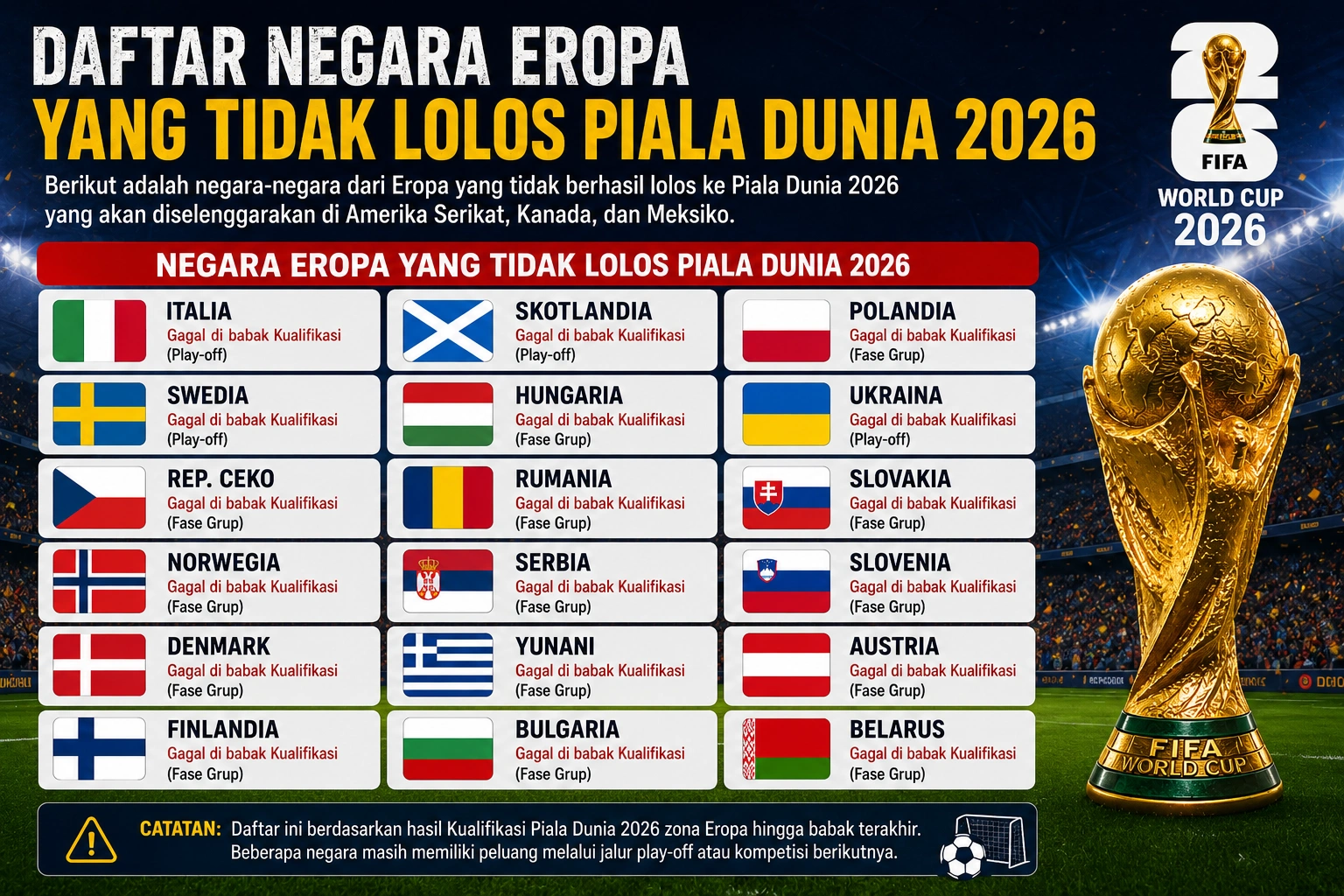 Negara Eropa yang Tidak Lolos Piala Dunia 2026